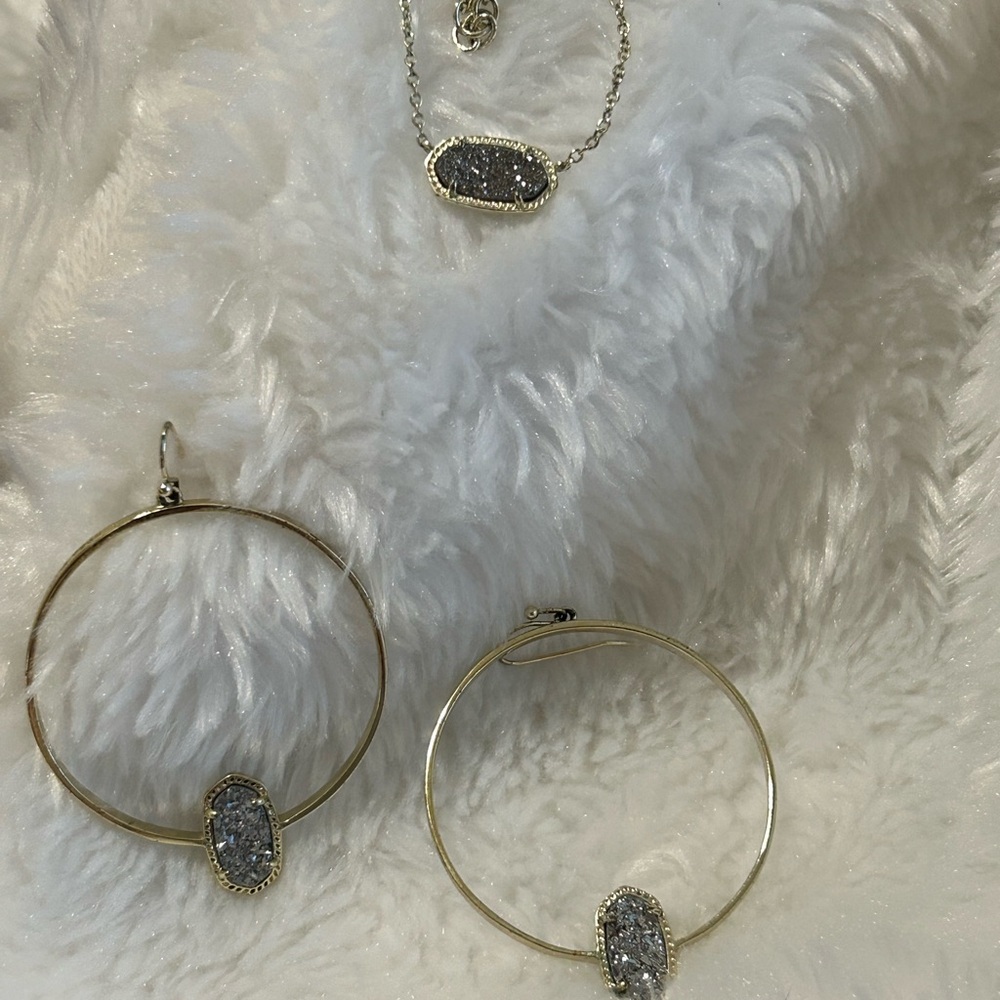 Kendra Scott Gold and Silver Earrings with matching Elise necklace.